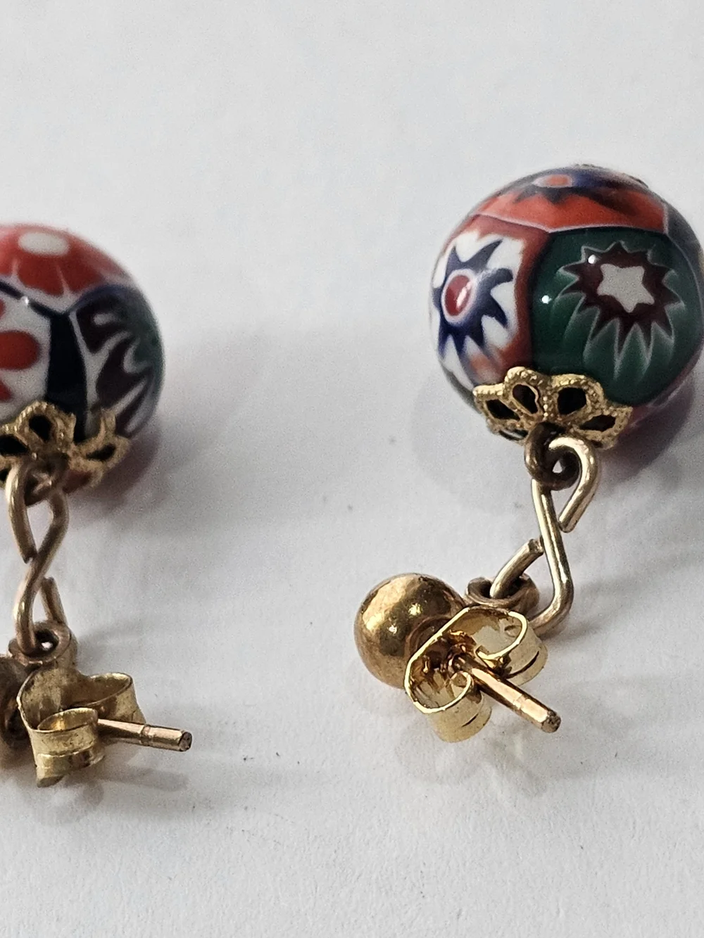 Gold-Tone Multicolor Millefiori Glass Drop Earrings. Murano ~ Vtg Pierced